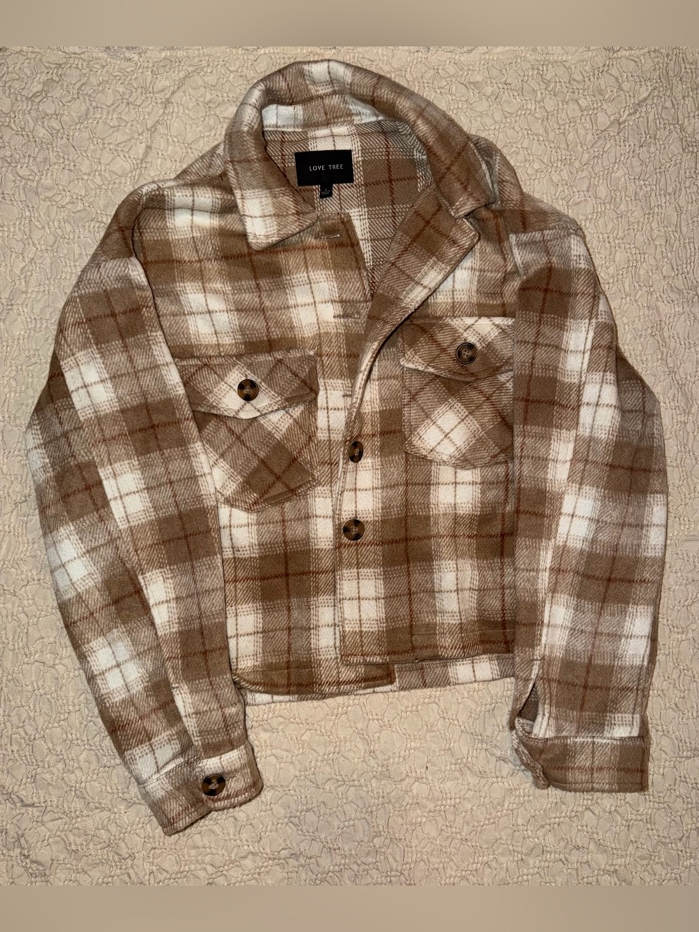 Women’s Tan & Cream Plaid Button-Down Shacket